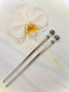 Labradorite Gemstone Hair Sticks, silver Hair Pin, shawl pin, sweater pin,