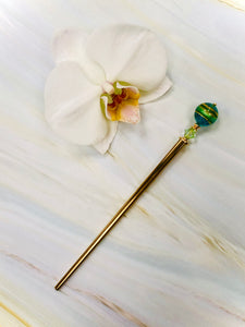 Ocean Blue Venetian 24k gold Art glass hair stick, hand made hair stick, shawl pin, sweater pin,