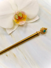 Load image into Gallery viewer, Turquoise 18k gold hair stick, hand made hair stick, shawl pin, sweater pin,
