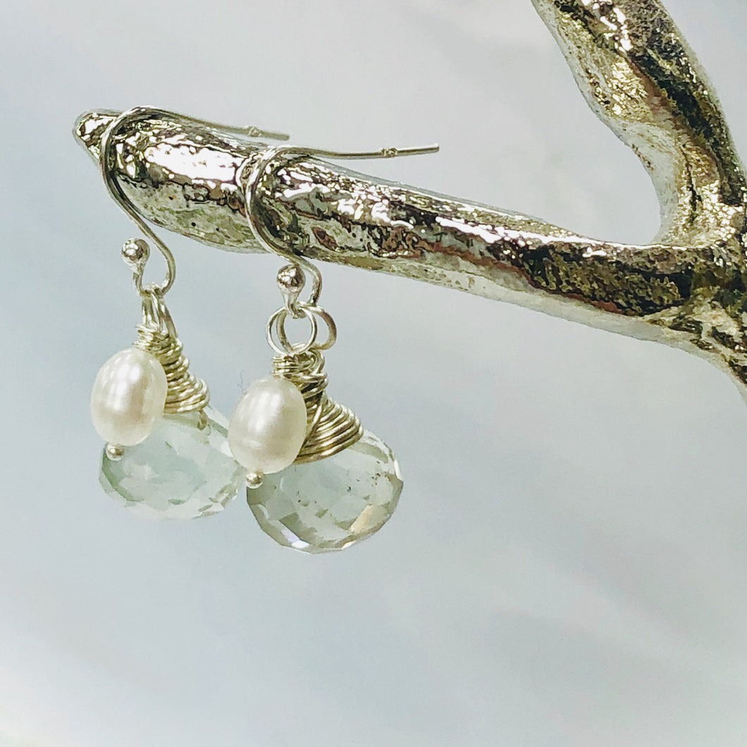 Dainty Handmade Pearl and Prasiolite / Green Amethyst Earrings