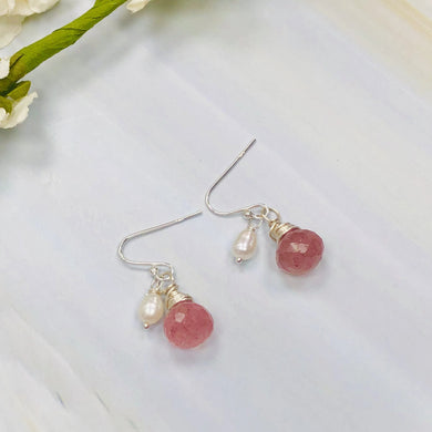 Dainty Handmade Pearl and Strawberry Quartz Earrings