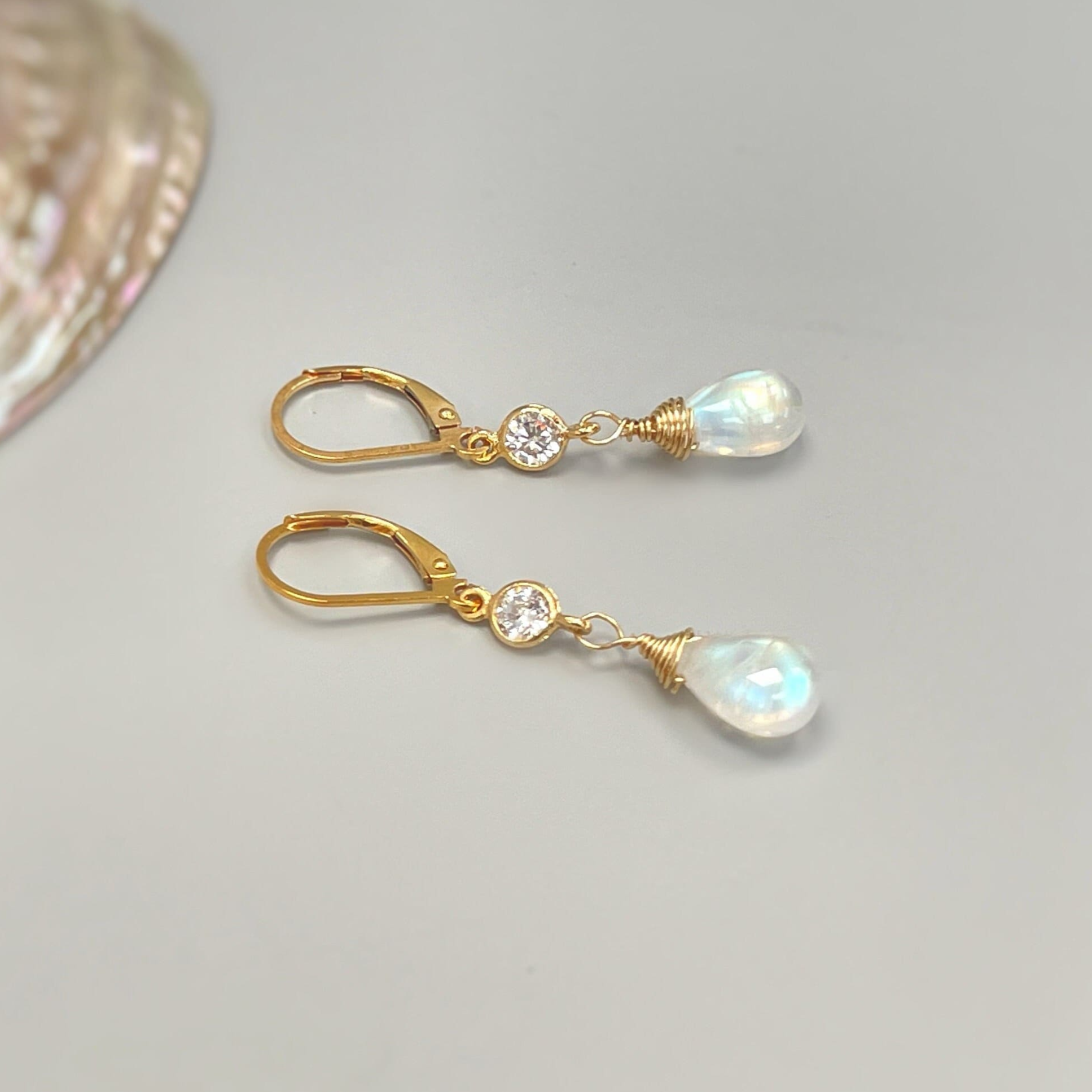 Boho Moonstone and crystal Earrings dangle, 14k gold fill, Silver