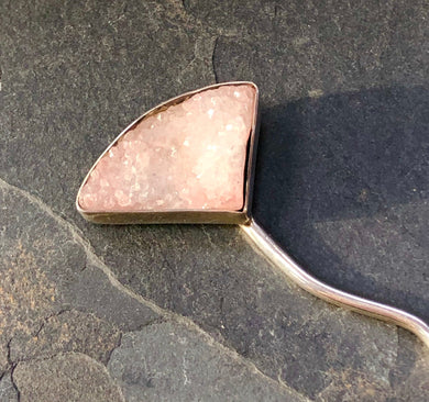 One of a Kind Pink druzy hair stick, unique sterling silver hair stick, shawl pin, sweater pin