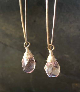 Spiral step cut Pink Amethyst earrings, artisan hand made hammered silver hoop earrings