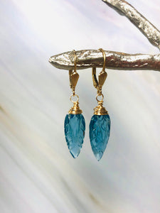 London Blue Topaz Quartz earrings dangle, Sterling Silver, solid 14k gold, Gold Feather