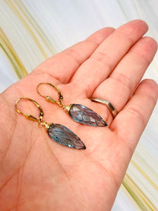 London Blue Topaz Quartz earrings dangle, Sterling Silver, solid 14k gold, Gold Feather