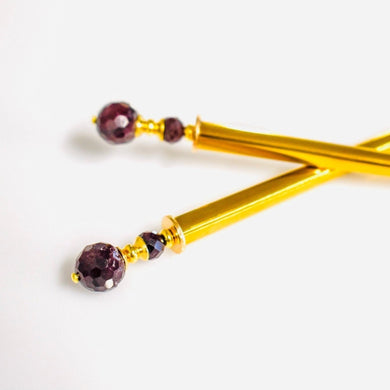 Gold Hair Sticks Garnet stone hair pins for women hair jewelry for long hair Japanese kanzashi January Birthstone jewelry gold shawl pins