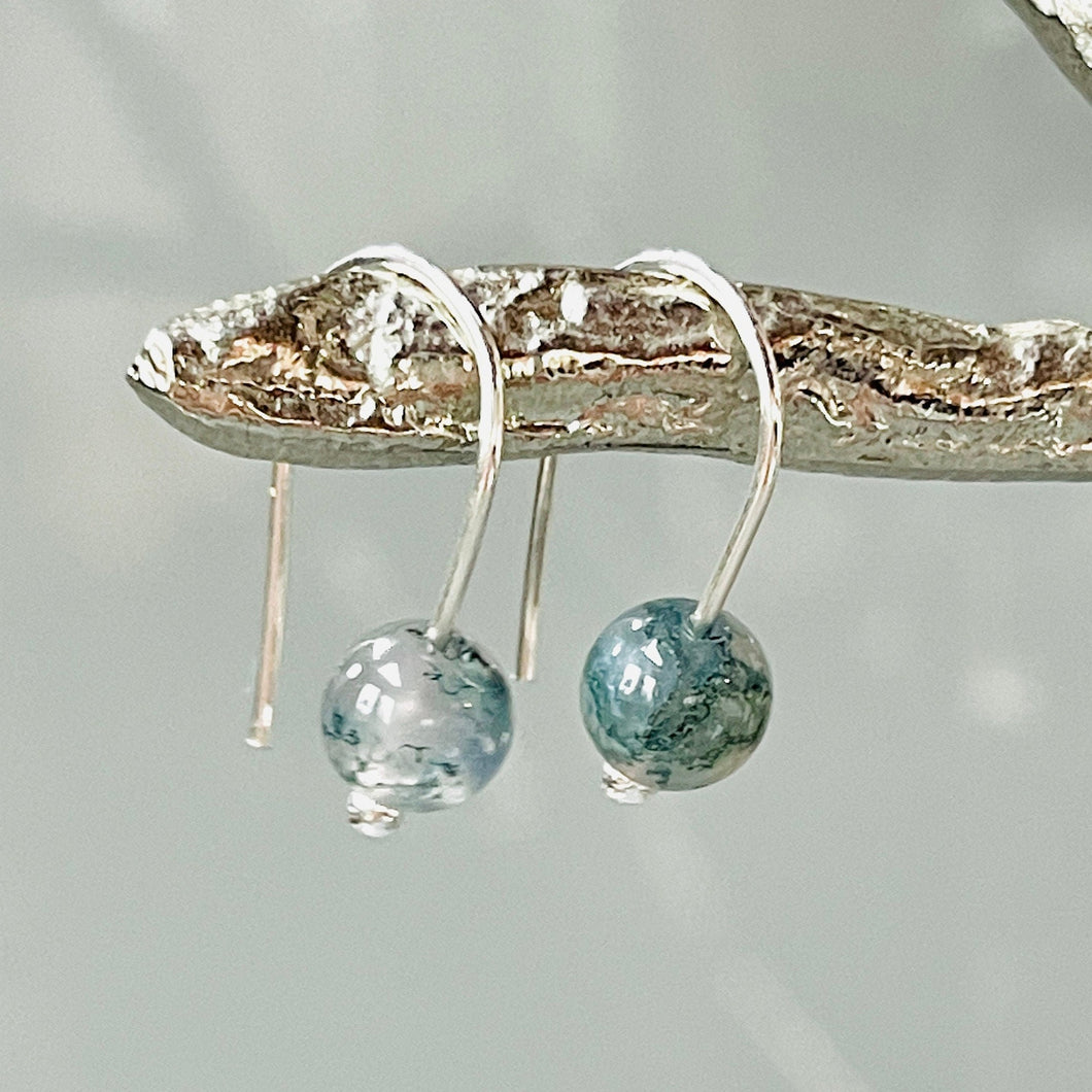 Moss Agate Hoop earrings Sterling Silver Minimalist Dainty Agate Earrings forest Green unique Earrings for women