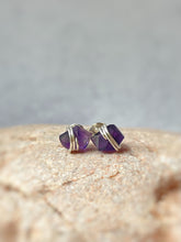 Load image into Gallery viewer, Amethyst Stud Earrings Raw Gemstone Earrings Purple Rose Gold Dainty Studs Gold Fill Handmade Amethyst posts sterling silver gift for wife