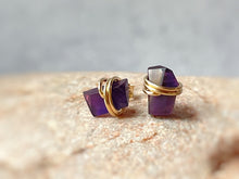Load image into Gallery viewer, Amethyst Stud Earrings Raw Gemstone Earrings Purple Rose Gold Dainty Studs Gold Fill Handmade Amethyst posts sterling silver gift for wife