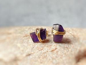 Amethyst Stud Earrings Raw Gemstone Earrings Purple Rose Gold Dainty Studs Gold Fill Handmade Amethyst posts sterling silver gift for wife