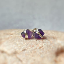 Load image into Gallery viewer, Amethyst Stud Earrings Raw Gemstone Earrings Purple Rose Gold Dainty Studs Gold Fill Handmade Amethyst posts sterling silver gift for wife Media 1 of 7