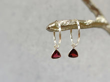Load image into Gallery viewer, Garnet Hoop earrings Sterling Silver Dangly huggie earrings dainty gemstone earrings handmade jewelry red