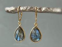 Load image into Gallery viewer, Labradorite earrings 14k Gold Sterling Silver Dangly Blue Gemstone Lever backs Labradorite Jewelry Vermeil and gold fill dangle earrings