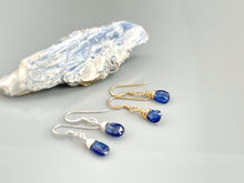 Load image into Gallery viewer, Dainty Blue Kyanite Gemstone earrings dangle drop teardrop 14k Gold, sterling silver blue kyanite jewelry handmade minimalist gift for wife