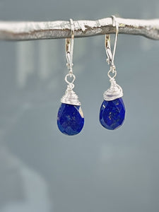 Lapis Lazuli Earrings Dangle, 14k Gold, Silver Teardrop Blue Gemstone Dangly Drop Earrings Everyday Minimalist Dainty Handmade Lapis Jewelry
