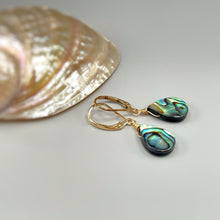 Load image into Gallery viewer, Handmade Abalone Dangle Earrings. Iridescent abalone shell tear drops are set in your choice of 14k gold fill, sterling silver or solid 14k gold and hang from your choice of leverbacks or French hook ear wires.