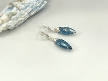 Load image into Gallery viewer, London Blue Topaz Quartz earrings dangle, Sterling Silver, solid 14k gold, Gold Feather