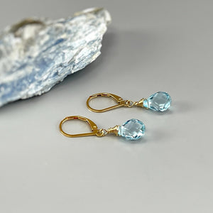 Swiss Blue Topaz earrings Dangle 14k Solid Gold, Silver Rose Gold