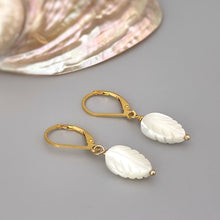 Load image into Gallery viewer, Mother of Pearl Leaf Earrings dangle, drop handmade minimalist pearl jewelry 14k Gold, Silver, Summer Jewelry iridescent beachy shell