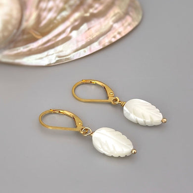 Mother of Pearl Leaf Earrings dangle, drop handmade minimalist pearl jewelry 14k Gold, Silver, Summer Jewelry iridescent beachy shell