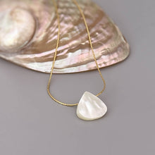 Load image into Gallery viewer, Mother of Pearl Necklace, Beachy Jewelry 14k Gold, Silver Handmade Summer jewelry iridescent shell pendant, bridal jewelry for beach wedding