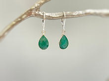 Load image into Gallery viewer, Emerald Earrings Dangle teardrop shaped Handmade Sterling Silver raw gemstone jewelry for women Dangling drop earrings Dainty May Birthstone