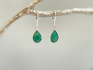 Emerald Earrings Dangle teardrop shaped Handmade Sterling Silver raw gemstone jewelry for women Dangling drop earrings Dainty May Birthstone