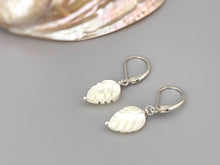 Load image into Gallery viewer, Mother of Pearl Leaf Earrings dangle, drop handmade minimalist pearl jewelry 14k Gold, Silver, Summer Jewelry iridescent beachy shell