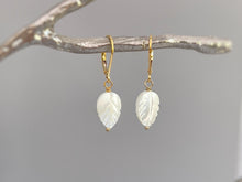 Load image into Gallery viewer, Mother of Pearl Leaf Earrings dangle, drop handmade minimalist pearl jewelry 14k Gold, Silver, Summer Jewelry iridescent beachy shell