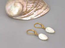 Load image into Gallery viewer, Mother of Pearl Leaf Earrings dangle, drop handmade minimalist pearl jewelry 14k Gold, Silver, Summer Jewelry iridescent beachy shell