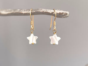 Dainty Mother of Pearl Star Earrings dangle, drop handmade minimalist pearl jewelry 14k Gold, Silver, Summer Jewelry iridescent beachy shell