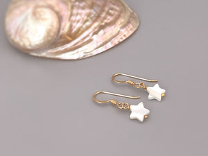 Dainty Mother of Pearl Star Earrings dangle, drop handmade minimalist pearl jewelry 14k Gold, Silver, Summer Jewelry iridescent beachy shell