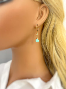 Turquoise Gemstone earrings dangle 14k Gold leverback dangly tear drop earrings handmade blue gemstone jewelry December Birthstone wife gift