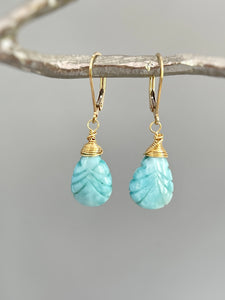 Larimar Earrings dangle, 14k gold Fill, sterling silver leaf drop earrings boho beach Earrings beachy blue gemstone jewelry for women