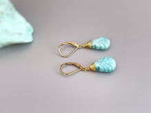 Load image into Gallery viewer, Larimar Earrings dangle, 14k gold Fill, sterling silver leaf drop earrings boho beach Earrings beachy blue gemstone jewelry for women