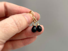 Load image into Gallery viewer, Minimalist Black Onyx Earrings dangle 14k Gold, Silver lightweight everyday teardrop boho handmade gemstone dangly drop earrings for women