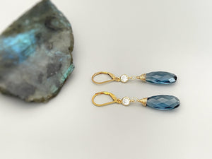 London Blue Topaz Quartz earrings dangle, sparkling crystal gold