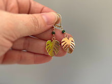 Load image into Gallery viewer, Monstera Leaf Emerald earrings dangle, gold leafy dangly drop boho handmade earrings, emerald jewelry bridesmaid, gardener gift for wife