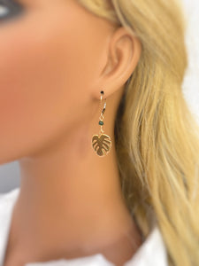Monstera Leaf Emerald earrings dangle, gold leafy dangly drop boho handmade earrings, emerald jewelry bridesmaid, gardener gift for wife