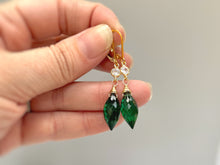 Load image into Gallery viewer, Emerald Green earrings dangle, gold May Birthstone Leverback sparkling crystal Quartz 14k Gold Fill Handmade jewelry for women Dangly drops