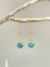 Load image into Gallery viewer, Dainty Copper Turquoise Earrings dangle Gold, Crystal , Silver leverback dangly earrings