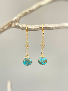 Dainty Copper Turquoise Earrings dangle Gold, Crystal , Silver leverback dangly earrings