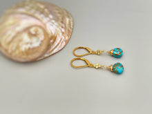 Load image into Gallery viewer, Dainty Copper Turquoise Earrings dangle Gold, Crystal , Silver leverback dangly earrings
