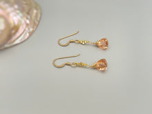 Load image into Gallery viewer, Morganite Earrings dangle gold pink, peach, champagne quartz