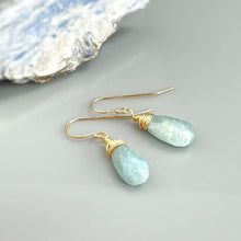 Load image into Gallery viewer, Long Aquamarine earrings Gold leverback,sterling silver, rose gold lever back earrings handmade jewelry for wife Blue Beach wedding earrings