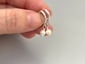 Tiny Pearl Huggie Hoop Earrings, Sterling Silver Handmade Earrings Dangle drop everyday sleeper lightweight earrings for women, gift for her