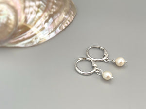 Tiny Pearl Huggie Hoop Earrings, Sterling Silver Handmade Earrings Dangle drop everyday sleeper lightweight earrings for women, gift for her