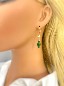 Emerald Green earrings dangle, gold May Birthstone Leverback sparkling crystal Quartz 14k Gold Fill Handmade jewelry for women Dangly drops