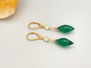 Emerald Green earrings dangle, gold May Birthstone Leverback sparkling crystal Quartz 14k Gold Fill Handmade jewelry for women Dangly drops